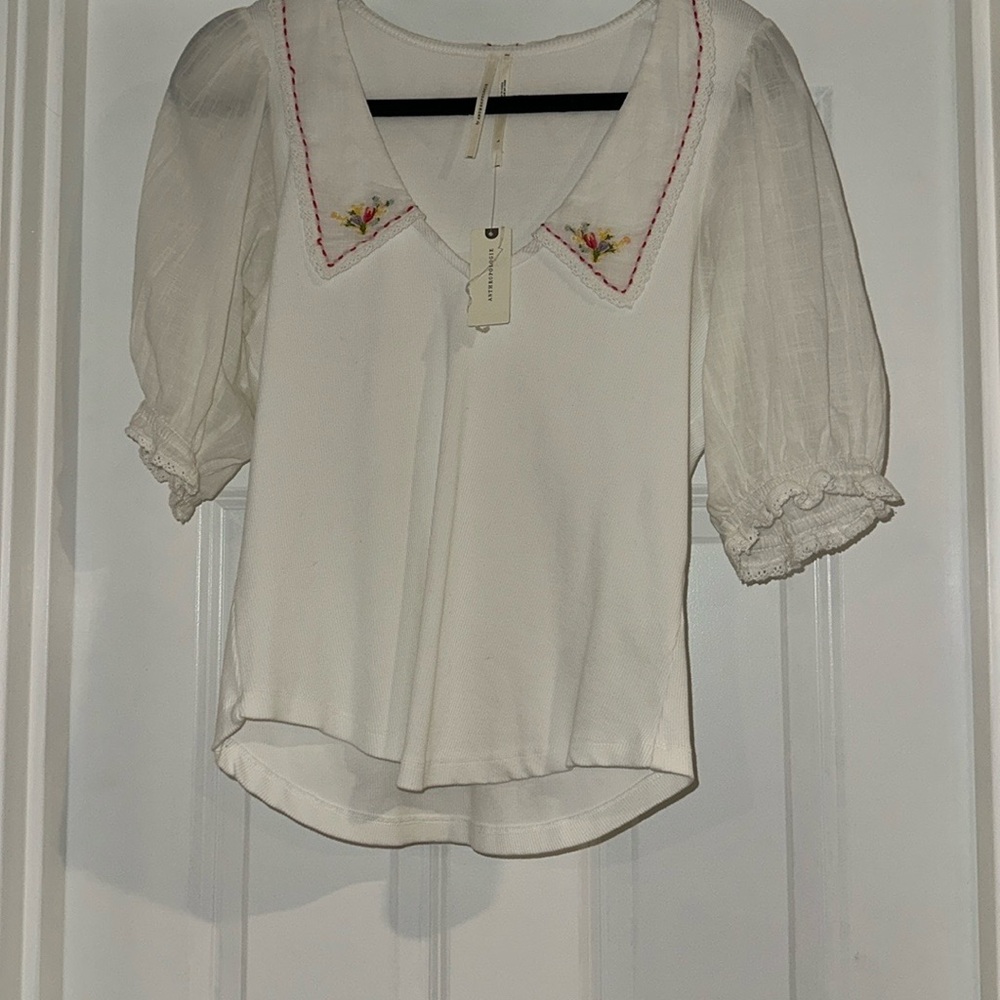 White Puff Sleeve Blouse with Embroidered Collar